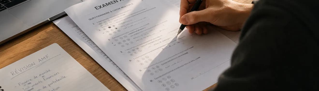 Candidat remplissant un QCM d'examen AMF